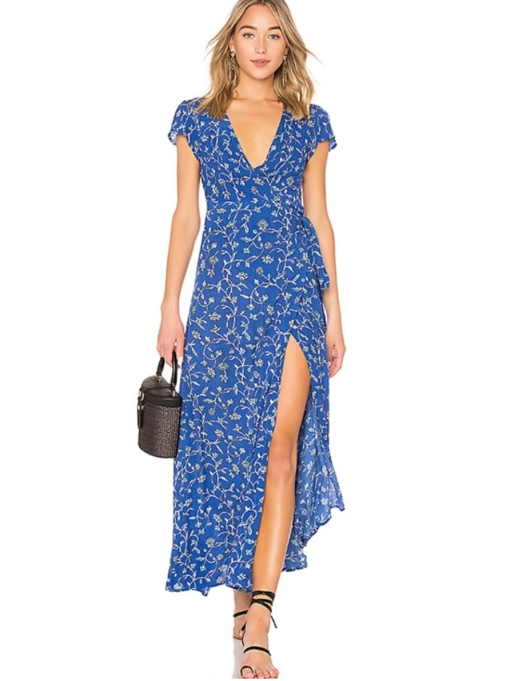 Revolve Amuse Society True Wrap Maxi Dress Royal Blue Floral Print XS $140